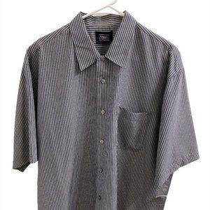 Haggar Collections Mens Shirt Short Sleeves Sz LG Black Striped Poly Ble…